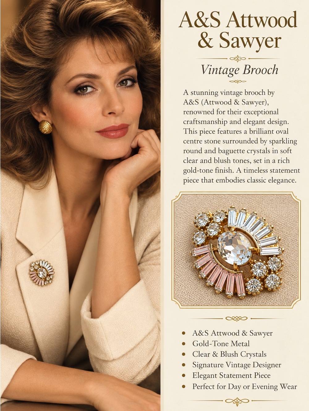 Vintage Gold-Tone Brooch with Clear and Blush Crystals
